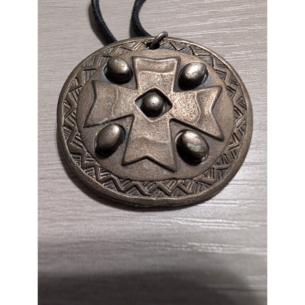 Artisan Tribal Pewter Pendant Necklace Leather Cord Southwestern Boho Unisex NWT